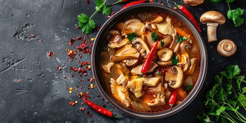 Homemade spicy chicken soup featuring mushrooms and red pepper.