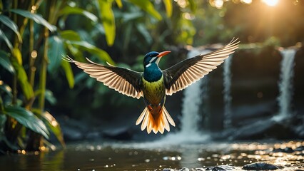 Obraz premium blue and yellow billed toucan,sunset in the mountains,garden with water, flowers in water