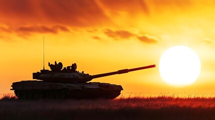 A silhouette of a military tank against a vibrant sunset sky, showcasing powerful imagery of strength and resilience.