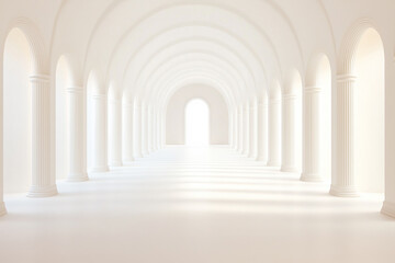 Fototapeta premium A bright, minimalistic hallway with arches and columns in an expansive, serene space