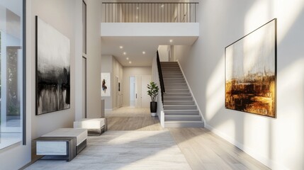 A bright and airy entryway with a sleek staircase, modern art on the walls, and natural light pouring in from above.