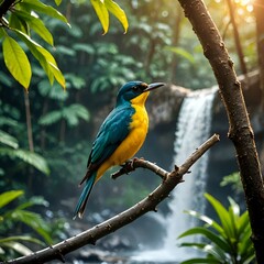 Naklejka premium blue and yellow billed toucan,sunset in the mountains,garden with water, flowers in water