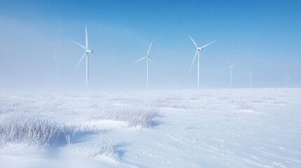 Amidst the pristine snow-covered tundra, wind turbines emerge like frozen sentinels, their white blades turning softly in the quiet winter. The scene feels ethereal and calm