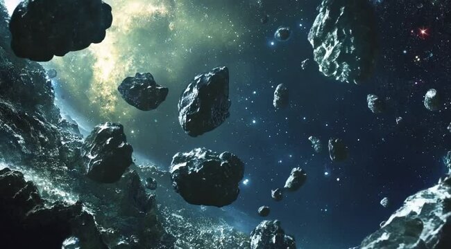 Scene of asteroid field floating in space, Camera slow motion with different angles