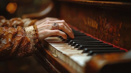 A hand playing an ornate piano with detailed keys and vintage design.