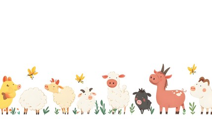 Obraz premium Cute Farm Animals with Butterflies in a Green Field
