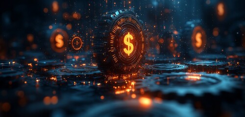 Digital background with money and gears, a digital world, web design, financial elements, futuristic, a blue color scheme, a digital space, money flying around, and a 3D render. with copy space.
