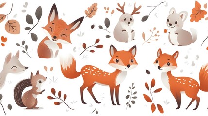 Fototapeta premium Adorable Cartoon Forest Animals with Autumn Leaves and Branches