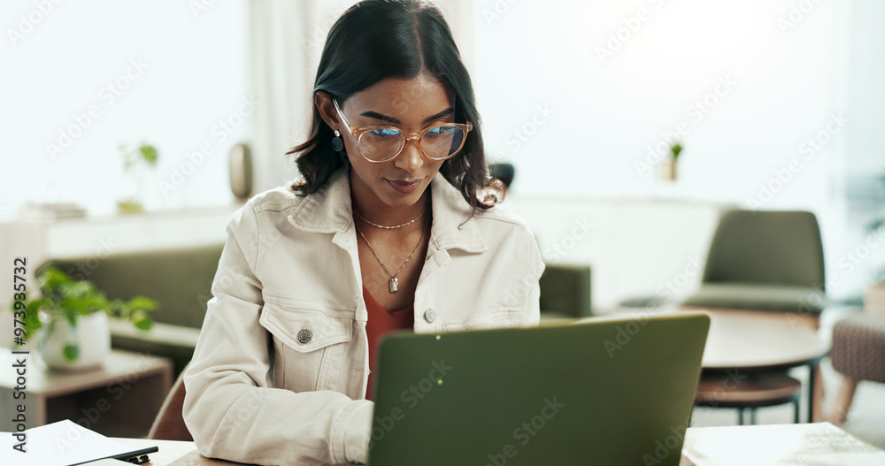 Poster remote work from home, laptop and woman with typing, internet and connection with research for proje