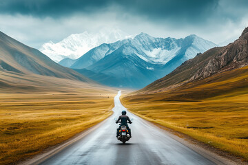 Fototapeta premium Motorcyclist riding on open road through vast mountain landscape.