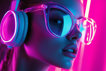 Woman wearing neon glasses and headphones in vibrant futuristic lighting.