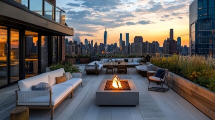 A rooftop terrace on a modern house, featuring outdoor seating, a fire pit, and panoramic views of the city skyline.