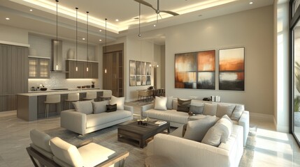 Contemporary living room with neutral tones, plush furniture, and an open-concept design, accented by modern artwork