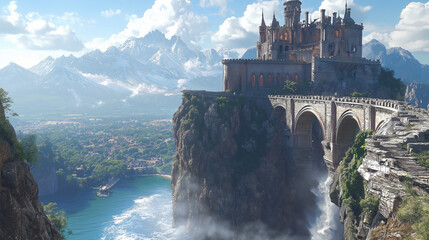 Fototapeta premium A fantasy castle perched on a cliff, with 3D effects adding depth to the stonework and surrounding landscape, creating a magical and epic setting