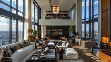 Contemporary luxury living room with floor-to-ceiling windows, modern furniture, and a statement chandelier for a high-end feel.