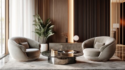 Cozy yet luxurious living room with velvet armchairs, a glass coffee table, and soft lighting creating a warm, intimate atmosphere.