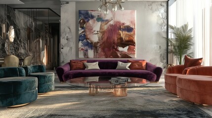 Cozy yet luxurious living room with velvet seating, a glass coffee table, and a statement wall featuring intricate artwork.