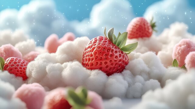 Strawberry floating among fluffy clouds with warm sunlight.