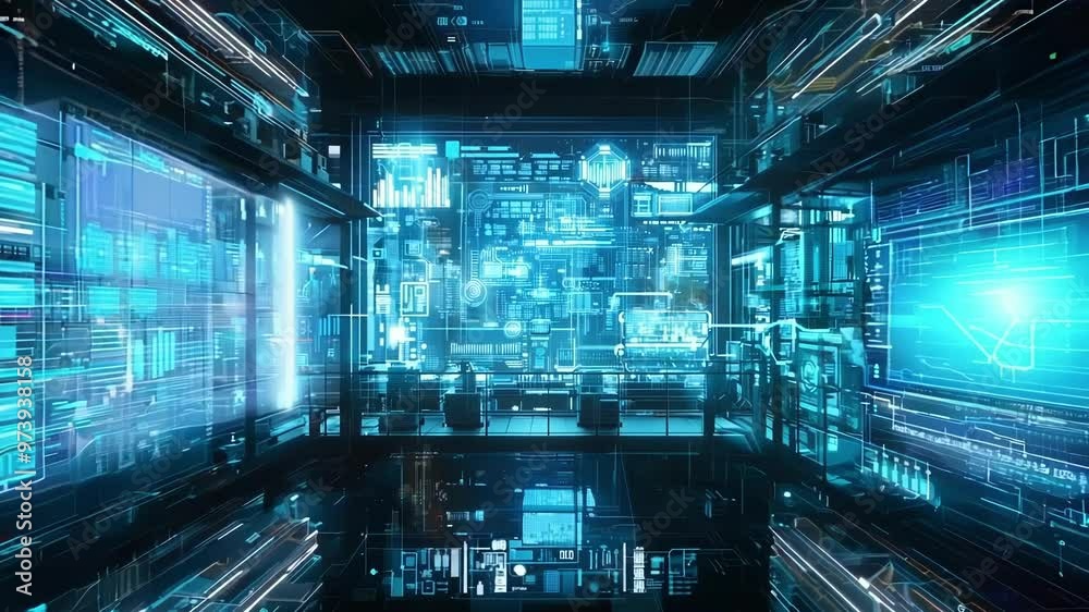Poster engineers are working in a futuristic control room, analyzing data displayed on a massive holographi