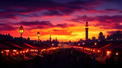 Naklejka premium Sunset-lit Moroccan market, merchants selling bright spices and handwoven rugs, warm orange and purple sky, traditional lamps illuminating the scene, Watercolor