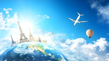 Obraz premium A vibrant illustration of travel, showcasing the Earth, iconic landmarks, aircraft, and a hot air balloon under a blue sky.