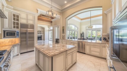 Luxurious kitchen with marble countertops, stainless steel appliances, and a large island, flooded with natural light.