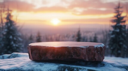 Stone podium stage on edge mountain and valley view nature in winter forest