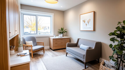 Fototapeta premium A warm and inviting medical consultation room featuring comfortable seating, wooden furniture, and soft lighting, creating a calming atmosphere.