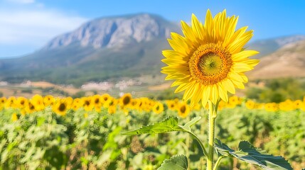 Fototapeta premium A vibrant sunflower stands tall against a picturesque mountain landscape, surrounded by a field of blooming sunflowers under a blue sky.