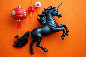Vibrant Black Unicorn Artwork on Orange Background for Chinese New Year Festivities