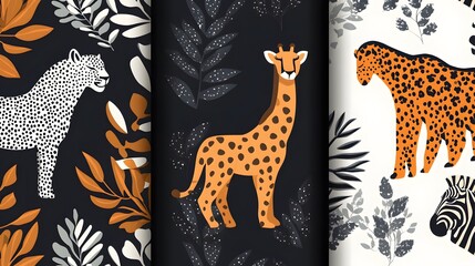 Naklejka premium Seamless Pattern with Leopard, Giraffe, Zebra, and Abstract Leaves