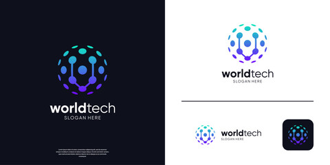Modern tech letter V connection logo symbol global globe.