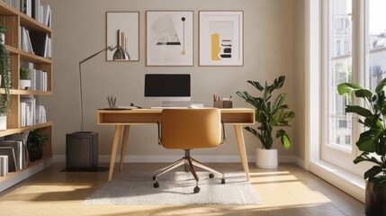 Minimalist home office setup with clean lines, a large desk, modern decor, and natural light streaming through a window.