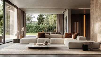 Modern, open-plan living room with a sleek, minimalist design, featuring a plush sectional, a marble coffee table, and oversized windows.
