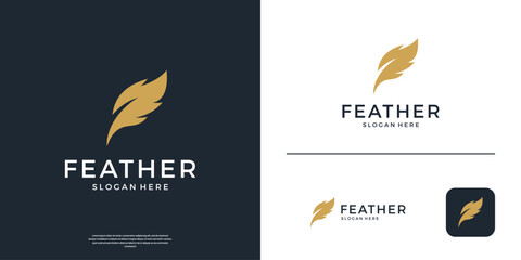Feather pen logo with golden vector design template.