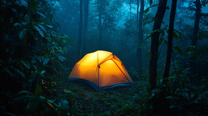 Glowing Tent in a Rainy Jungle at Night | Atmospheric Wilderness Camping Scene | Tropical Forest Adventure