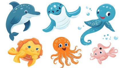Six Cartoon Sea Creatures with Smiling Faces