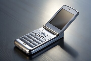 A sleek, silver, compact flip phone with a flat screen and metallic keypad lies open on a minimalist