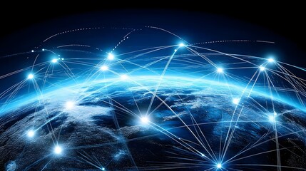 Abstract depiction of a connected world showcasing digital networks and technology in a vibrant blue and black background.