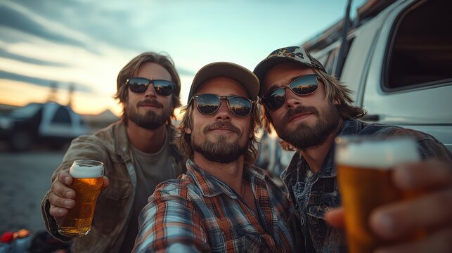 Three male friends on a camping trip, with one man holding a beer and the other snapping a selfie near their pickup truck.