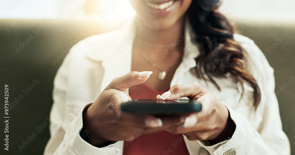 Poster hands, phone and social media with happy woman on sofa in living room of home for communication clos