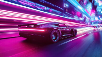 Fototapeta premium A fast car in motion, the neon lights along the street becoming a continuous streak of brilliance