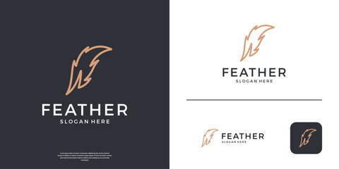 Minimalist feather pen logo with line art style.