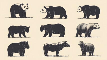 Fototapeta premium Silhouettes of a Panda Bear, Black Bear, and Hippopotamus