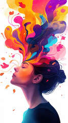 Naklejka premium art woman colors abstract imagination creativity portrait explosion vibrant head mind flow expression colorful surreal face dream fantasy inspiration artistic design 