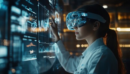 A young woman wears futuristic glasses while interacting with a digital display in a modern tech environment.