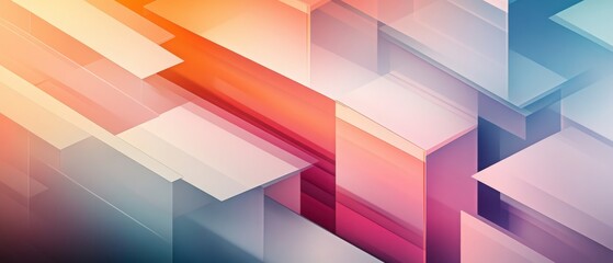 Background featuring layered, semi-transparent geometric shapes, such as parallelograms and trapezoids. Use a gradient color palette that transitions from warm to cool tones. 