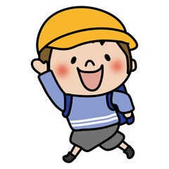 ランドセルを背負って通学帽子をかぶって走る子供（男の子1）