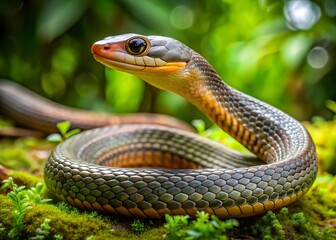 Fototapeta premium A sleek, slithering elephant trunk snake, its gray and brown scales glistening, raises its distinctive elephant-like