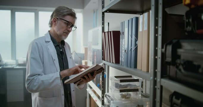 Mature male scientist or lab worker stands near shelf with folders, protective cases and boxes with fossils, reads scientific book and searches information for research. Modern archaeological lab.